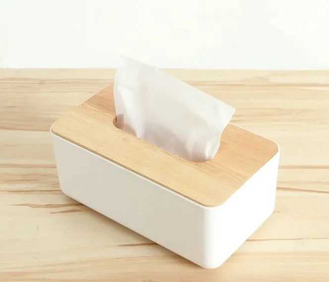 1PC Plastic Tissue Box Dispenser With Oak Wooden Cover Paper Household Car Napkins Holder He Organizer Decoration OK 0603 H251201