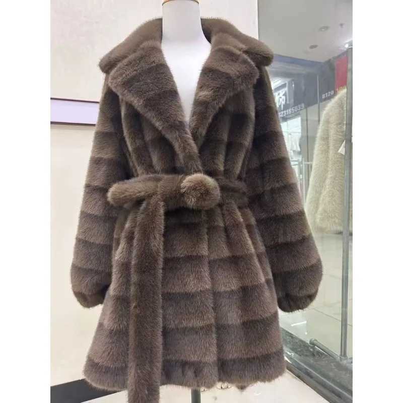 New Luxury High Quality Fur Coat Women Thickened Warm Winter Mink Faux Fur Fashion Belted Hooded Jacket Long Sleeves Top TrendyT251201
