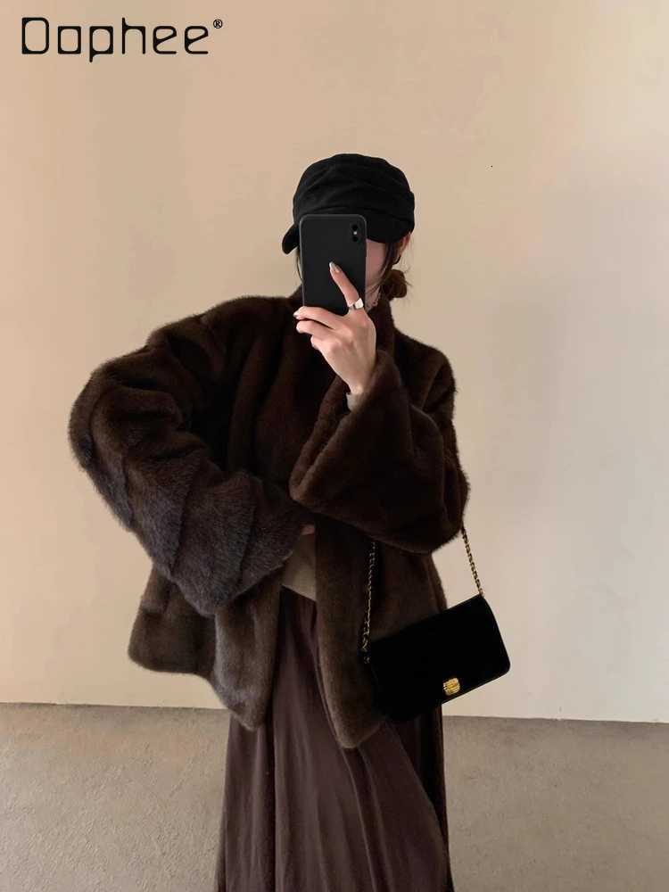 Elegant Stand Collar Eco-Friendly Fur Plush Coat Winter Korean Ins Trend Imitation Mink Fur Sheepskin Thickened Mid-Length CoatT251201