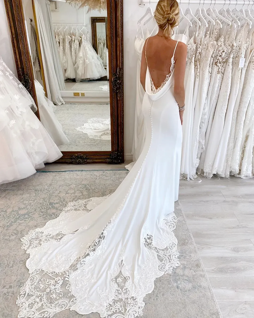 Sexy Backless Mermaid Wedding Dress Spaghetti Straps Lace Appliques Button Covered Open Back Long Bridal Gowns Dresses Custom Made Vestidos De Novias 