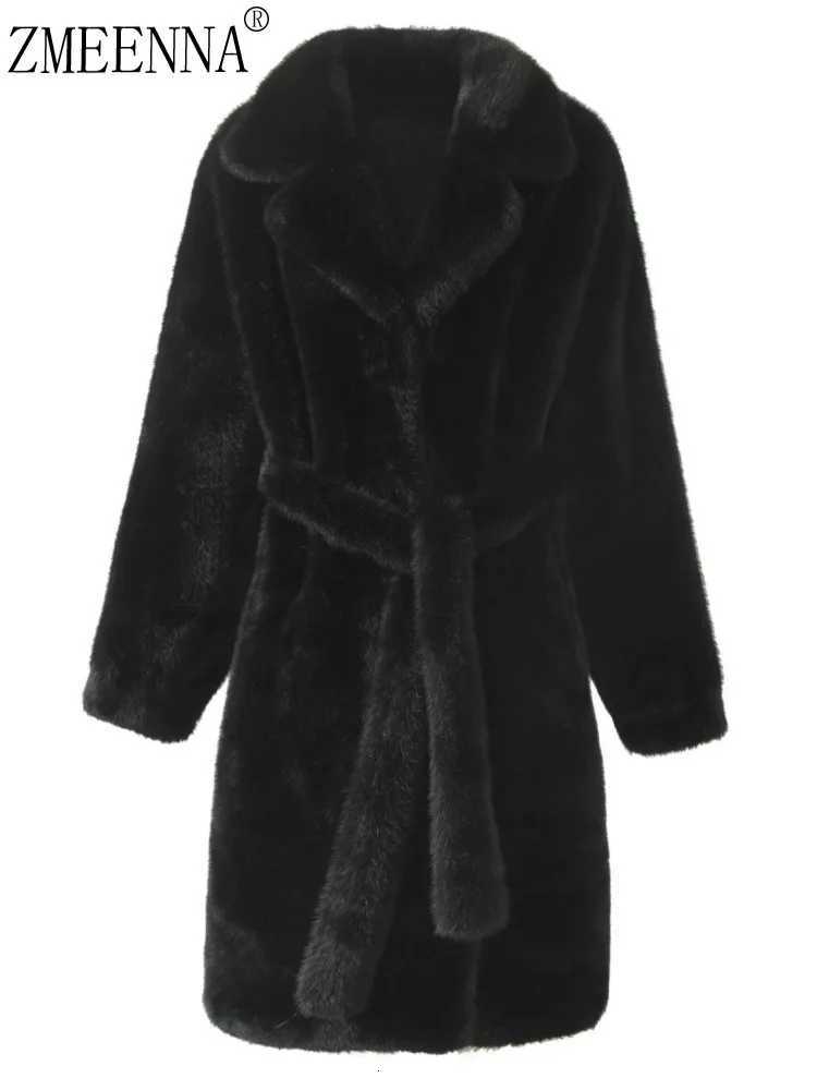 ZMEENNA Womens Elegant Faux Fur Coat Long Sleeve Lapel Collar Winter Warm Outerwear Tie Waist Overcoat Black Classic ZM3358T251201
