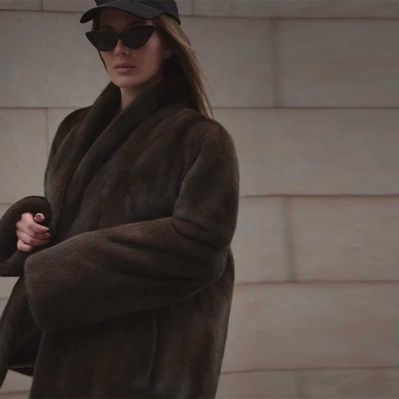 Luxury Thicken Faux Fur Coat Women Winter Lapel Long Sleeve Jacket Vintage Waistband Loose Outwear 2025 New Warm Soft Lady CoatsT251201