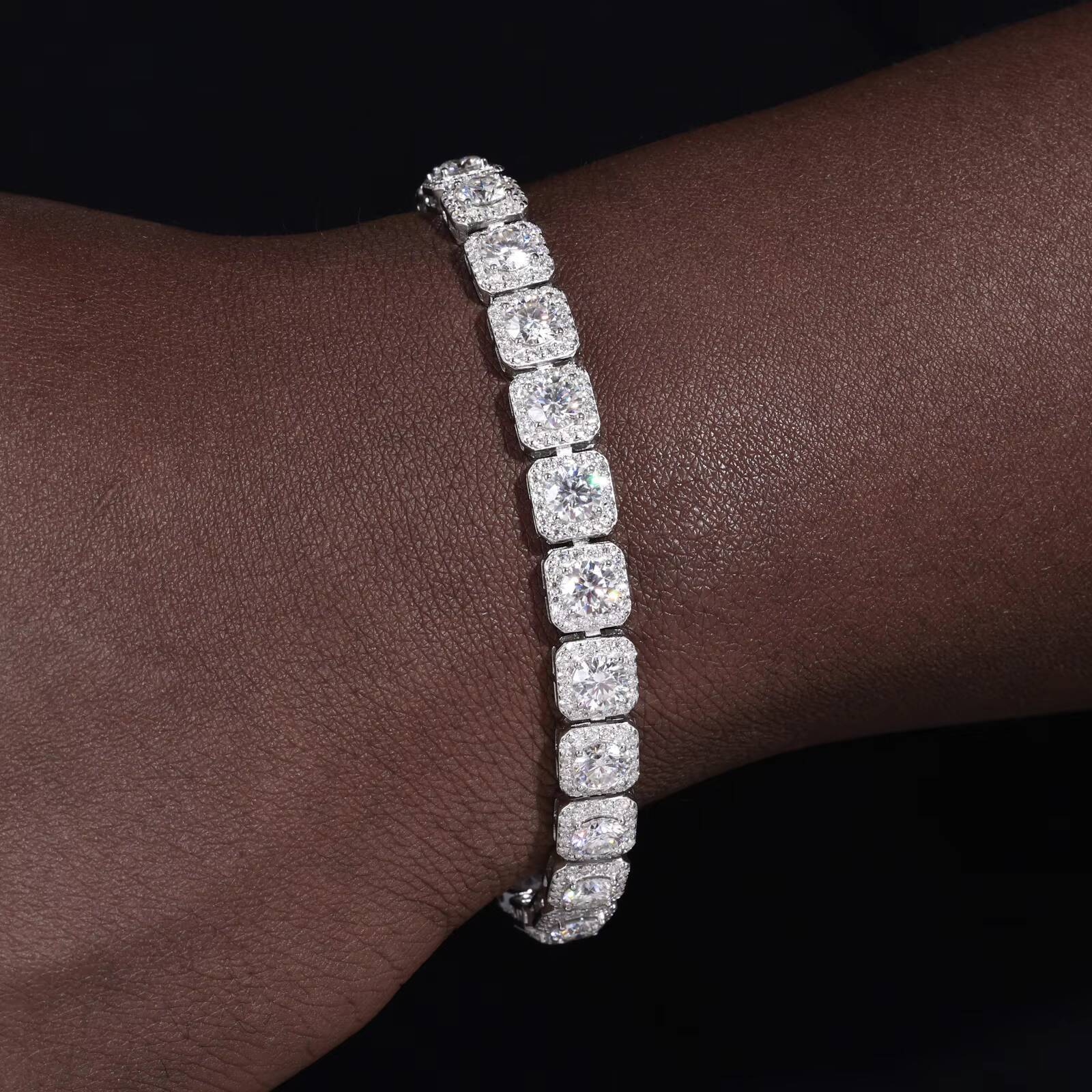 Sparkling 6mm 8mm Moissanite Halo Tennis Bracelet High Quality White Gold Non Fade 925 Sterling Silver Hip Hop Jewelry for Men