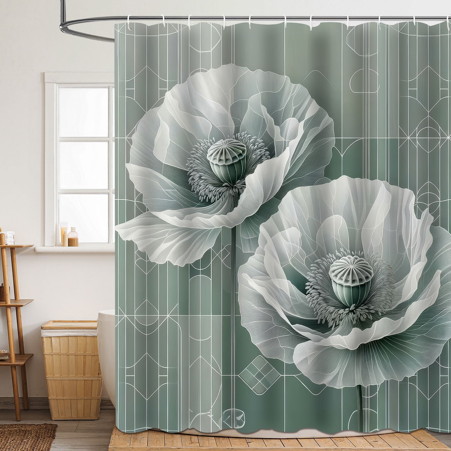 YL-37856 Shower Curtain with Digital Floral Print, Polyester, Waterproof and Mildew-proof Shower Bathroom Partition Curtain