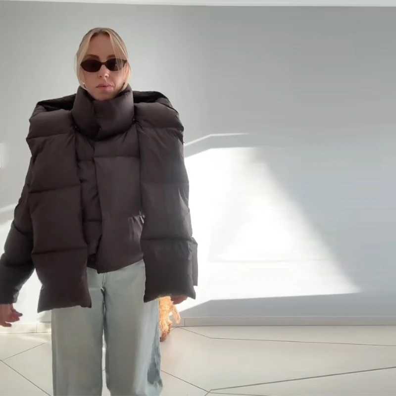 Thicken Womens Down Jacket Brown Detachable Scarf Collar Hooded Cotton Padded Coats Warm Outwears 2025 New Winter Lady CoatsT251201