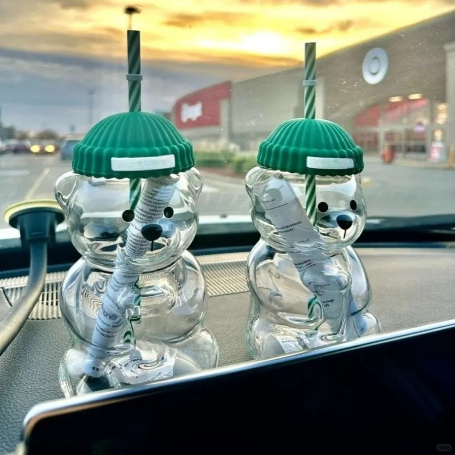 US Stock Teddy Bear Barista Glass Bear Cup With Straw Cute Transparent Tumbler With Hat For Iced Coffee Cold Drink Christmas Gift