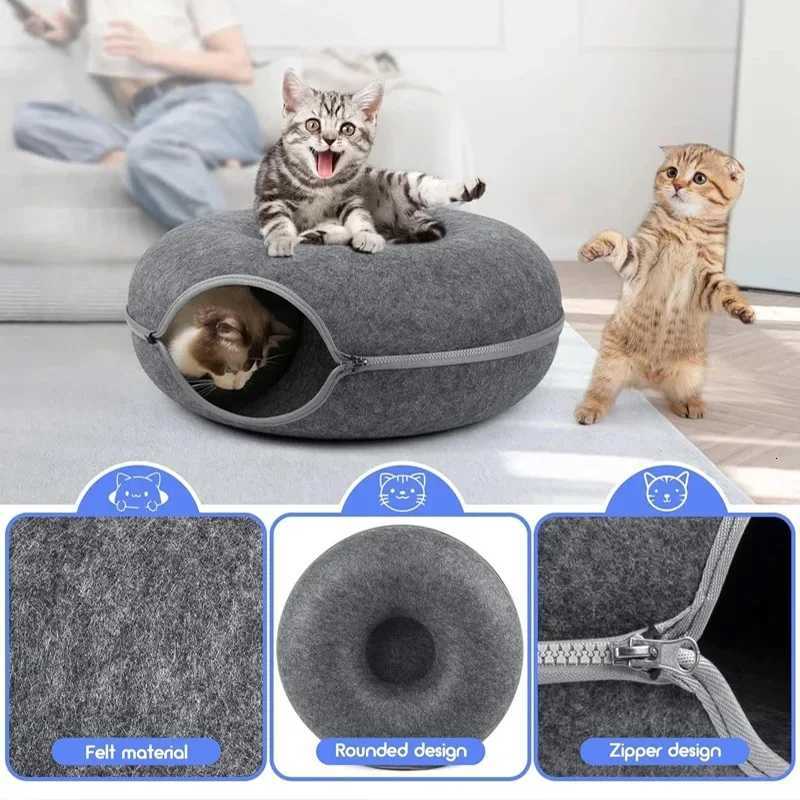 Donut Cat Bed Interactive Tunnel Pet Nest Detachable Felt Winter Indoor Cats House Kitten Training Toy Cat Kennel Pets Supplies M251201