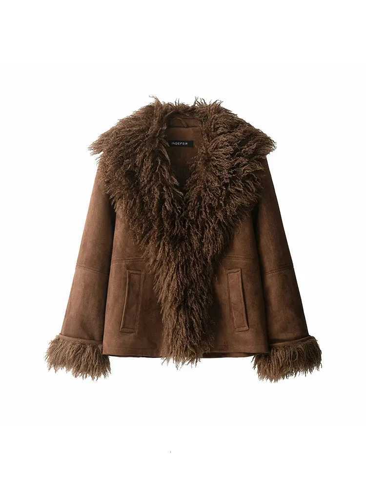 Women 2025 Autumn Winter New Solid Faux Fur Jackets Women Fashion Lapel Plush Coat Slim Elegant Patchwork Brown Short CoatsT251201