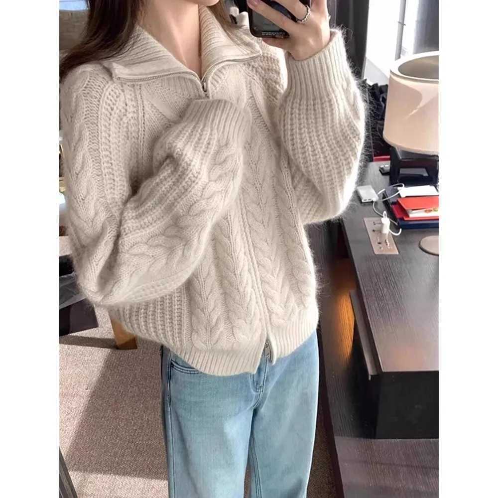 European high-neck zipper cashmere cardigan womens autumn winter thickened sweater wool knitted sweater twist coat lapel top M260306