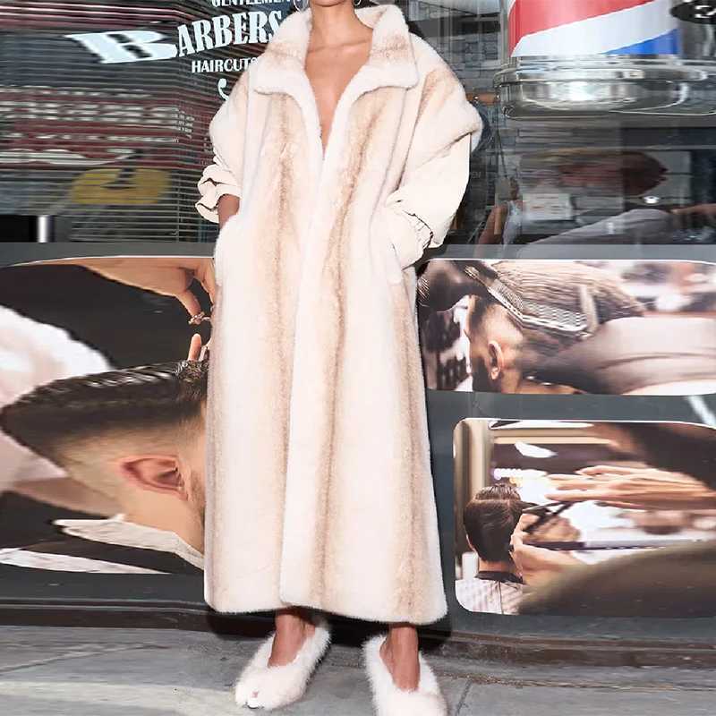 Thicken Womens Winter Coat Luxury Faux Fur Long Jacket with Belt Lapel Short Sleeve Loose Outwear 2025 New Warm Lady CoatsT251201