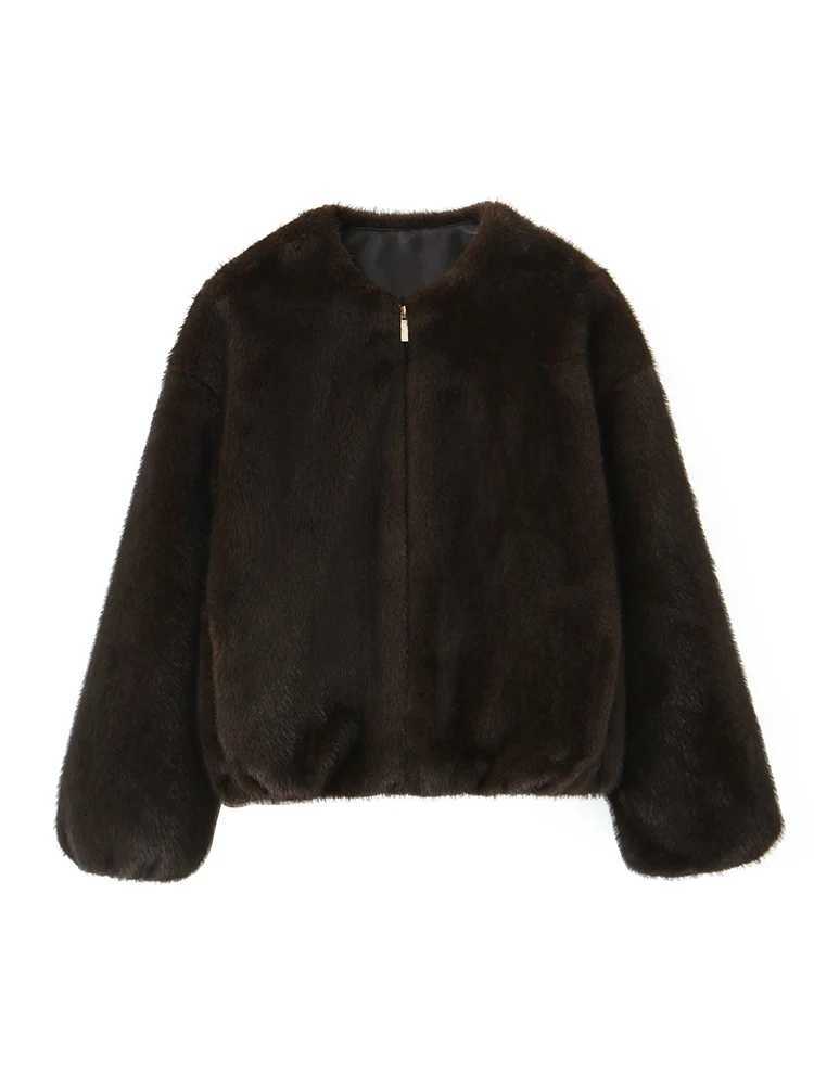 TFMLN Women O-neck Faux Fur Bomber Jacket 2025 New Vintage Solid Long Sleeve Outerwears Warm Winter Coats Woman Casual JacketT251201