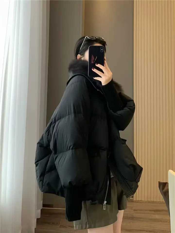 Winter New Fur Collar Puffer Down Parka Loose Down Warmer Thicken Snow Jacket Pocket Zipper Faux Fur Outerwear FemaleT251201