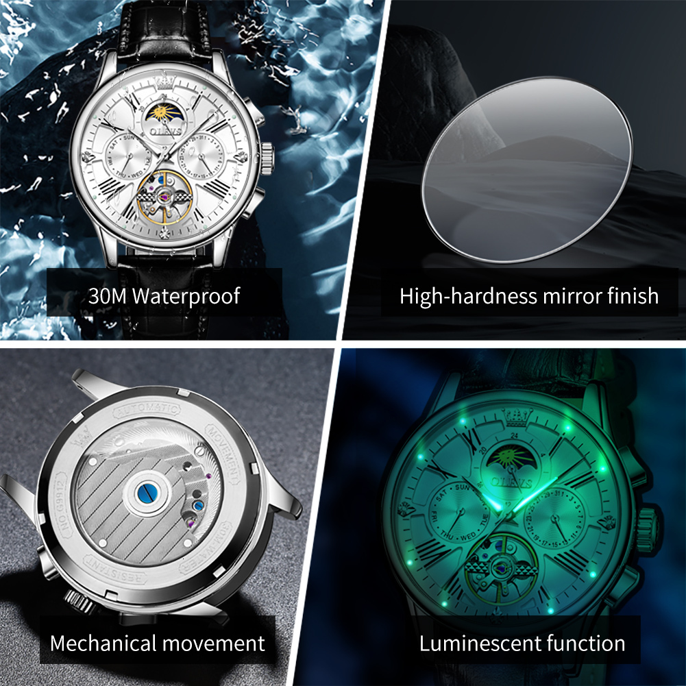 Watches Men Designer OLEVS Trend Waterproof Multi-functional Mechanical Watch Sun And Moon Skeletonized Luminous Skeleton Men's Wristwatch Free S