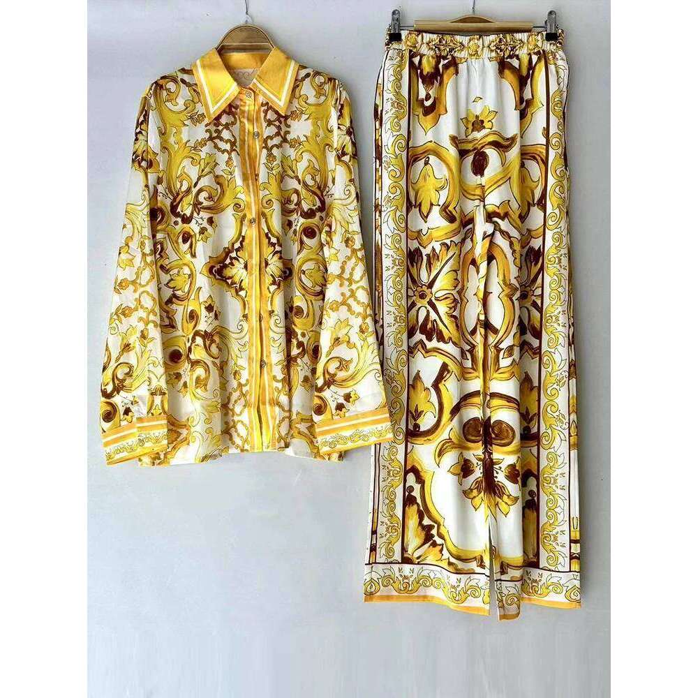 Women's Wear Luxury Printed Loose Long-Sleeved Shirt Spring And Summer Women's Two-Piece Suit+Elastic Waist Straight Pants Casual Suit