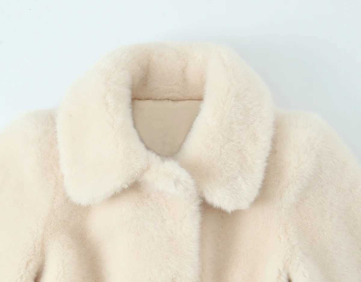 Women Fall Winter Elegant Faux Fur Belt Coat Lapel Beige Warm Fur Short Coat 2025 Fashion High Street Casual Female CoatT251201