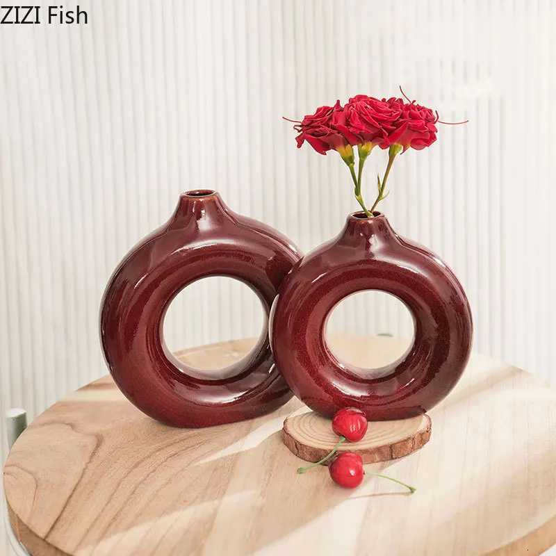 Shining Deep Red Porcelain Vase Plant Pots Table Decoration Ornaments Flower Arrangement Round Ceramic Vase Ro Aesthetic Decor Y251201