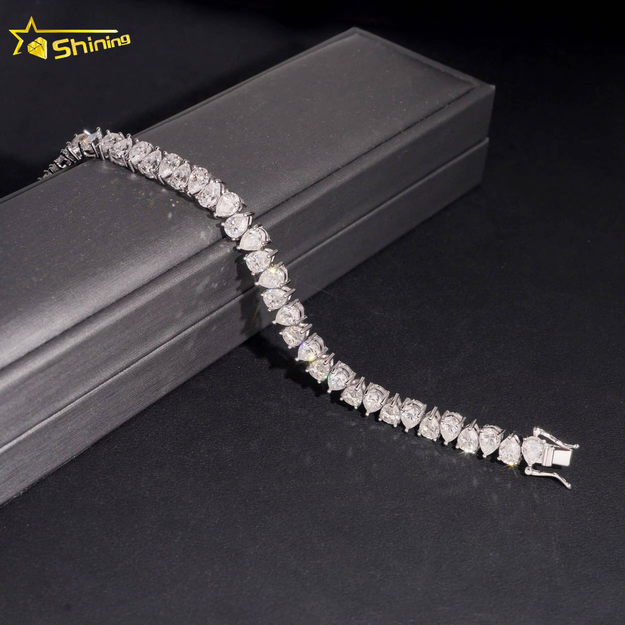 Iced Out 925 Silver Tennis Bracelet Moissanite Jewelry GRA Certificated Pear Cut VVS Moissanite Bracelet for Men Women