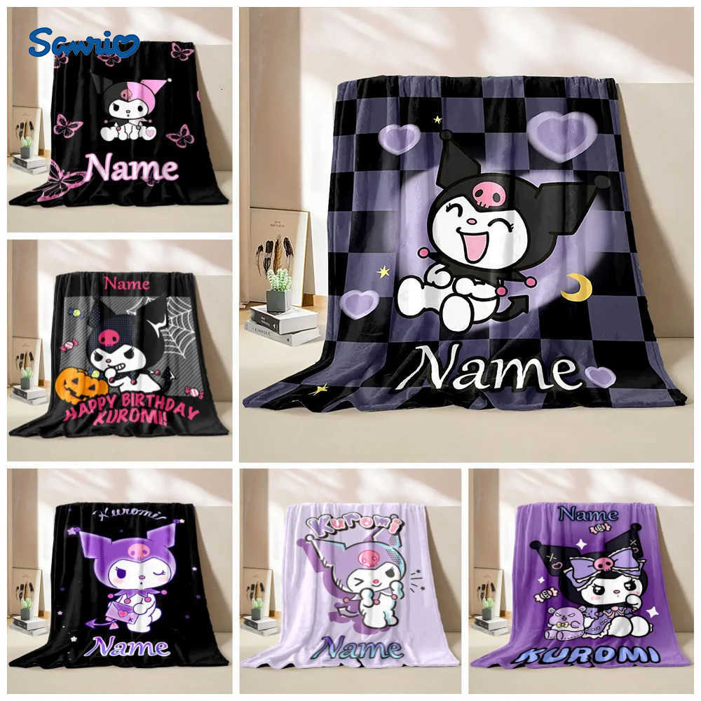 Sanrio Customized Name Personalized Blanket Kuromi Cute Children Warm Soft Blankets Home Travel and Comfortable Blanket H251201