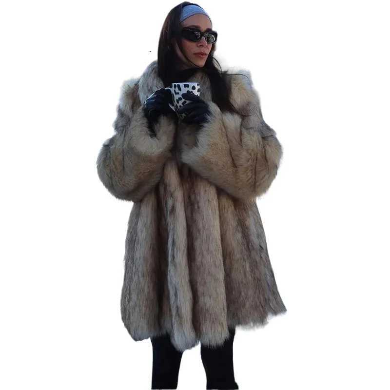 Female Outerwear Luxurious Fashion Lapel Faux Fur Midi Coat Women Street Long Sleeve Oversize Cardigan Jacket Winter Thick WarmT251201