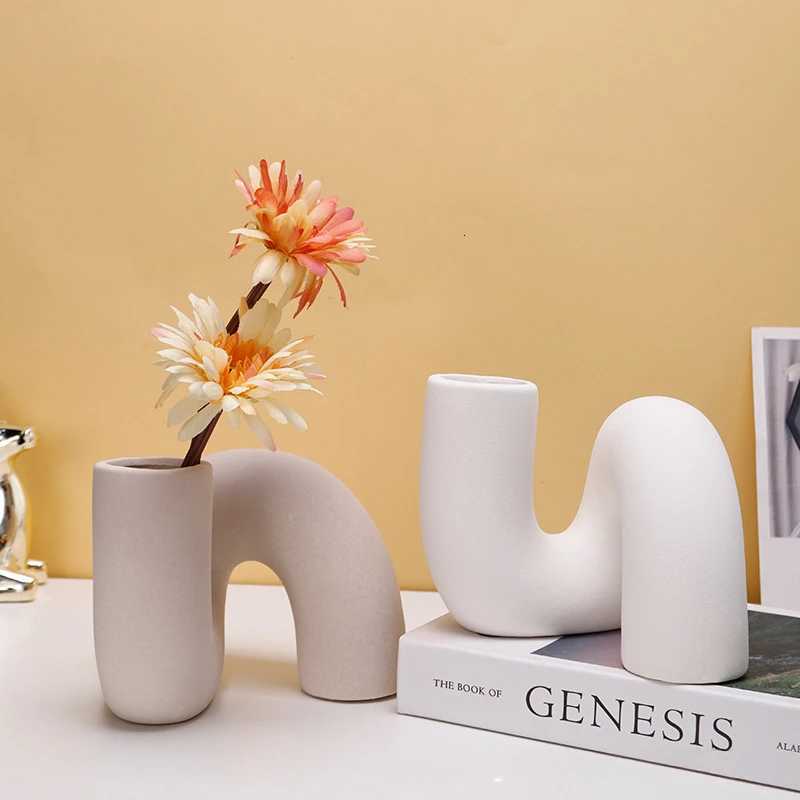 Ceramic Vase Curved Pipe Flower Arrangement Geetry Flower Vase Abstract Craft Ornaments Flowerpot He Decoration Accessories Y251201
