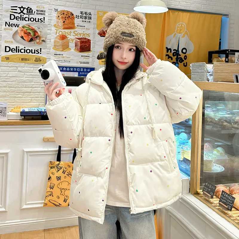 2025 Sweet Colorful Dot Winter Jacket Woman Korean Drawstring Hooded Parkas Women Thicken Warm Puffy Down Cotton Coat MujerT251201