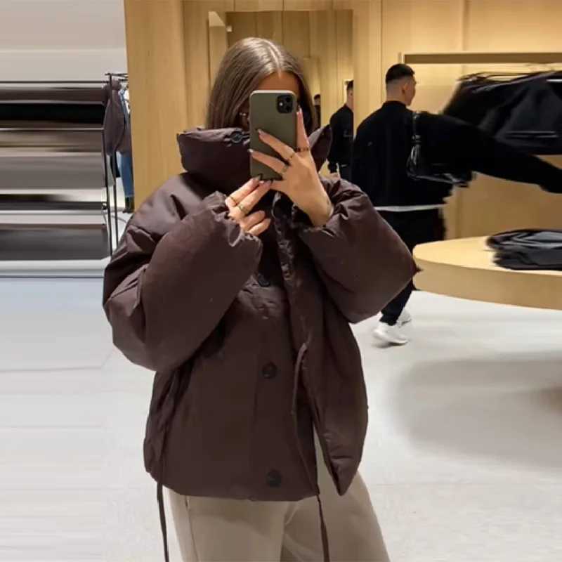 Winter Warm Puffy Womens Down Jacket Thicken High Collar Lace Up Cotton Padded Coats Single Breasted Outwear 2025 New Lady CoatT251201