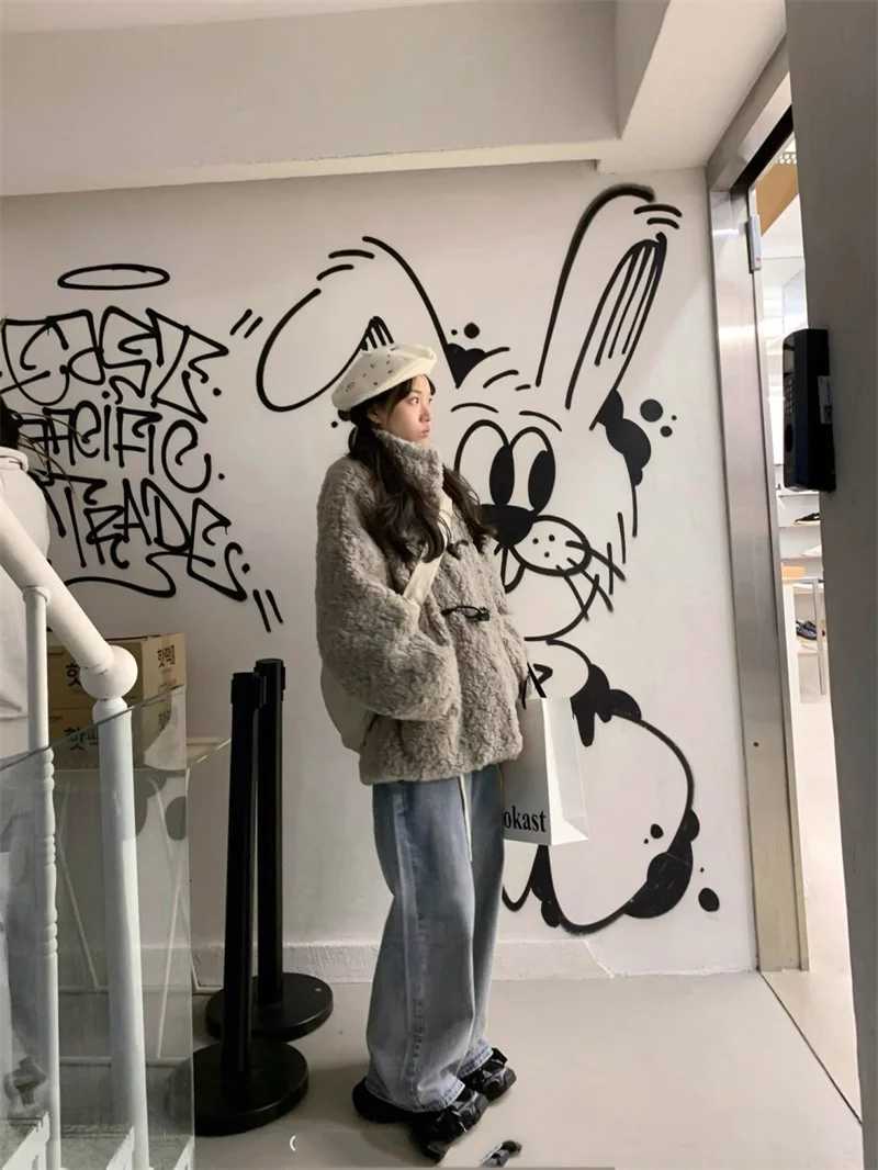 New Fur Coat Mid To Long Winter Stand Up Collar With Cow Horn Cotton Thick An Warm Loose Fitting Imitation Rabbit Fur Coat TopT251201