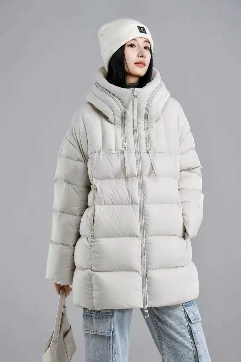 Winter Solid Hooded Mid Length Down Jacket Women 90 White Duck Down Loose Down Jacket Female Warm Double Zipper Parker OutwearsT251201