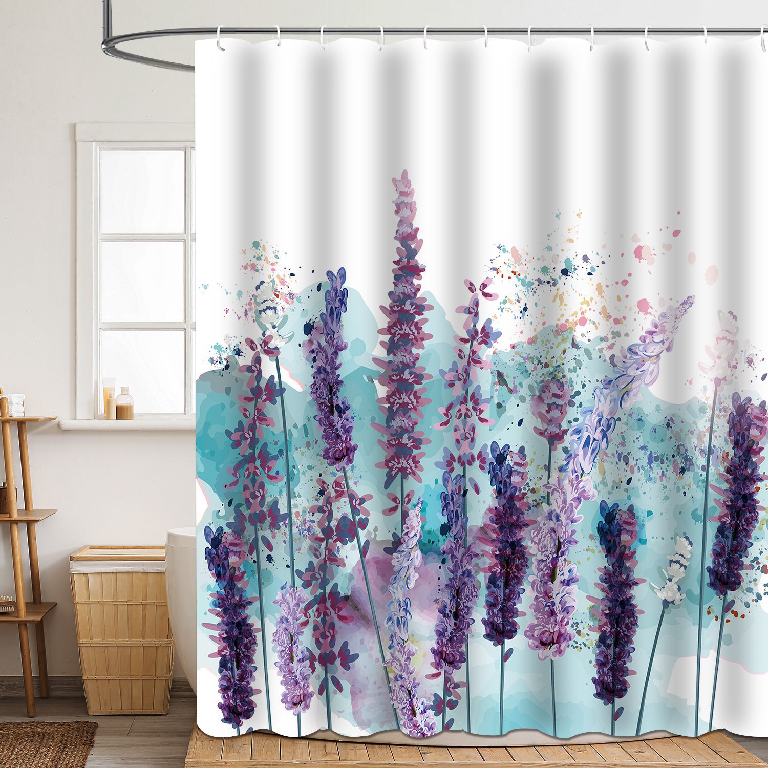 YL-37850 Shower Curtain with Digital Floral Print, Polyester, Waterproof and Mildew-proof Shower Bathroom Partition Curtain