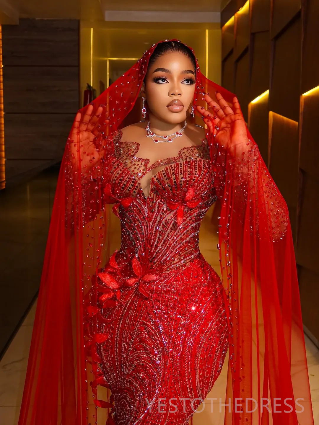 Plus Size Red 2026 Prom Dress Mermaid Evening Dresses For Black Women Beaded Lace Crystals Flora Illusion Long Sleeves Birthday Dress Second Reception