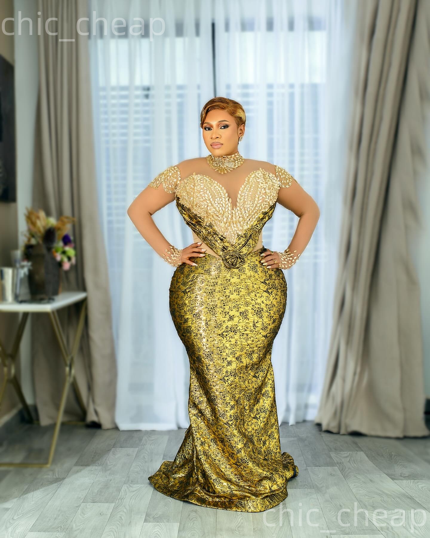 Aso Ebi Gold Mermaid Prom Dresses 2026 Printed Crystals Illusion Evening Formal Party Second Birthday Engagement Gowns Plus Size Dress For Special Occ