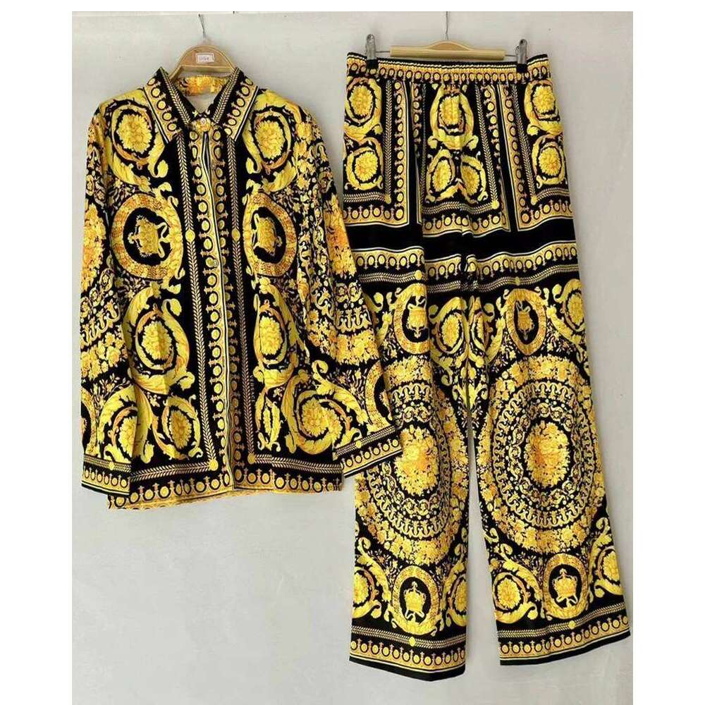 Women's Wear Luxury Printed Loose Long-Sleeved Shirt Spring And Summer Women's Two-Piece Suit+Elastic Waist Straight Pants Casual Suit