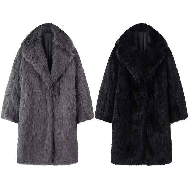 Womens Oversized Faux Fur Long Coat - Soft Fluffy Fabric Lapel Collar Trendy Grey/Black Styles Perfect for WinterT251201