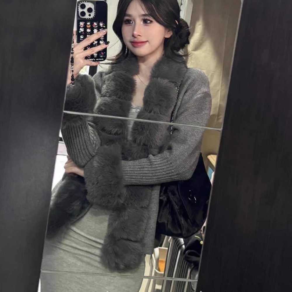 OFTBUY Faux Fur Coat Cardigan Detachable Collar Knitwear Woman Fur Jacket Artificial Fur Patchwork Knit Sweater Autumn CardiganT251201