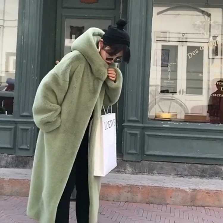 Autumn And Winter New Korean Lmitation Mink Velvet Fur Thickened Loose Plush Hat Long Coat WomenT251201