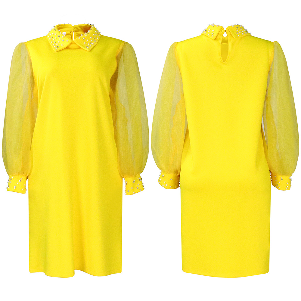 (570) Ladies' new fashion mesh sleeve beaded dress