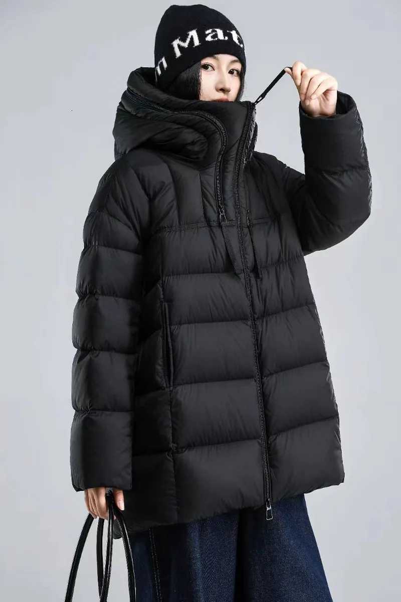 Winter Solid Hooded Mid Length Down Jacket Women 90 White Duck Down Loose Down Jacket Female Warm Double Zipper Parker OutwearsT251201