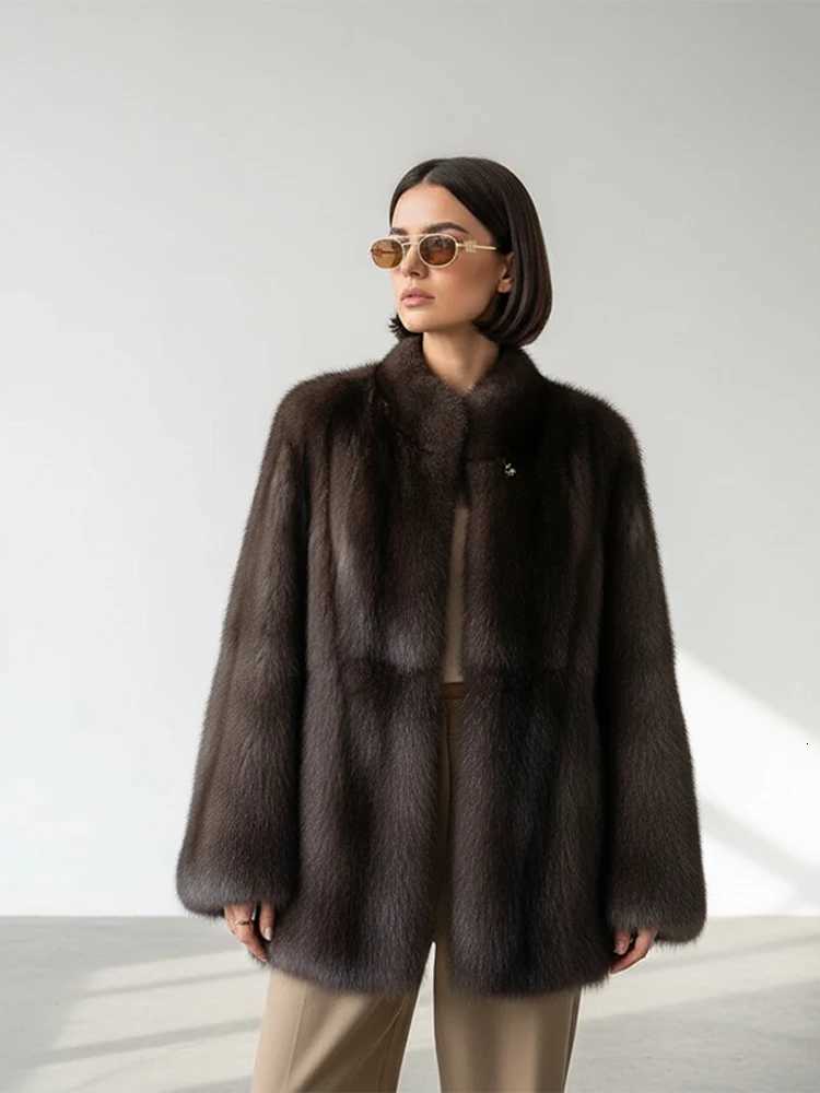 Drawstring Cinched-waist Faux Fur Coat Women Chic Stand Collar Full Sleeve Pocket Warm Jacket Lady Winter Daily Street CoatsT251201