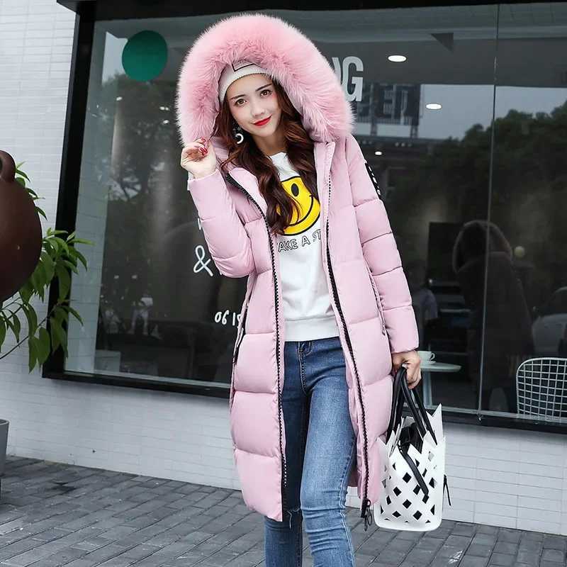 2025 Womens Down Parkas Winter Jacket Big Fur Collar Thick Slim Coat Fashion Hooded Cotton Outerwear Long Winter Woman CoatT251201