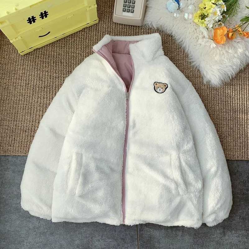 Cute Embroidery Parkas Coat Women Winter Korean Fashion Thick Loose Warm Jacket Double Sided Design Pink Student ClothesT251201