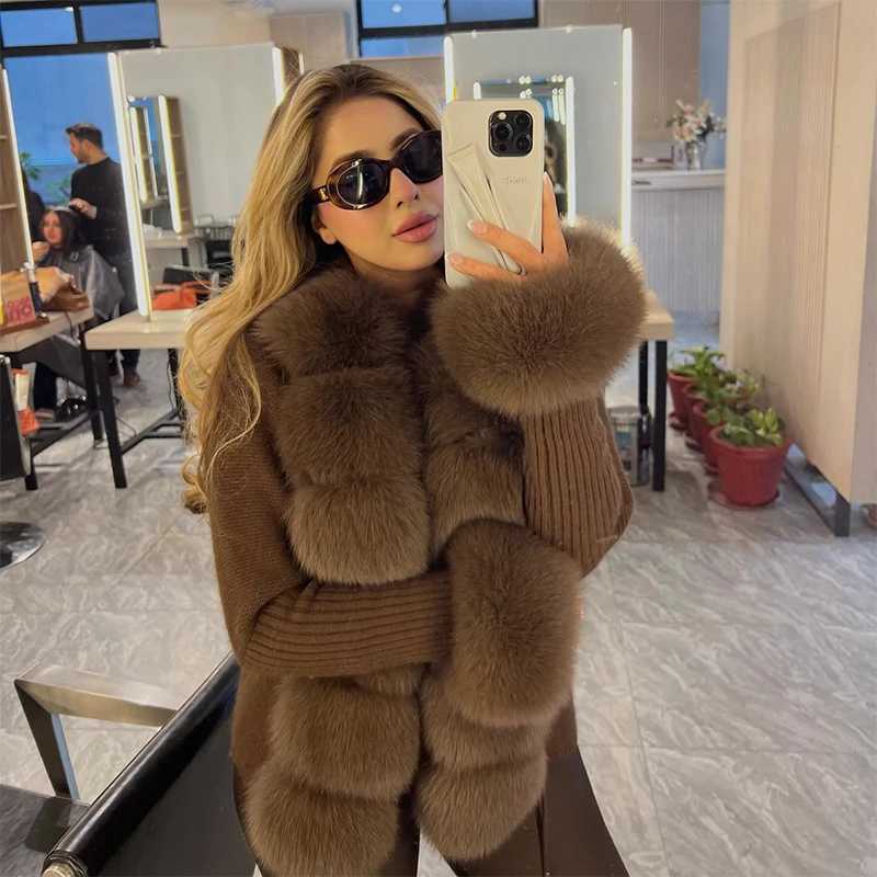 Elegant Faux Fur Patchwork Sweater Coat Women Lapel Furry Collar Slim Fit Knitted Lace-Up Cardigan 2025 New Autumn Lady CoatsT251201
