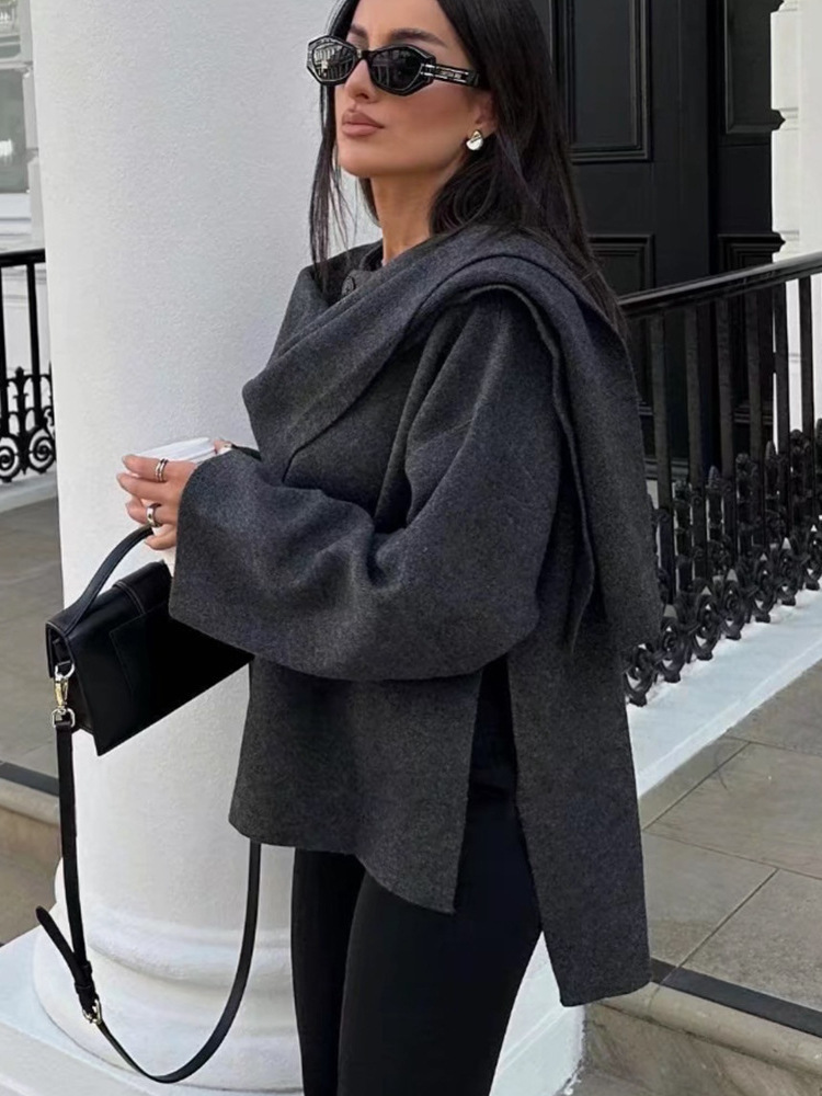 2024 Style Womens Autumn New Asymmetric Scarf Short Loose Knitted Coat Long Sleeve 241114