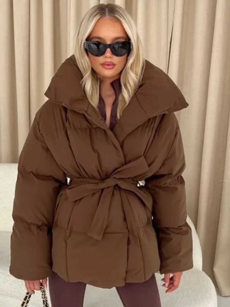 Solid Color Lapel Tied Cotton Coat Women Fashionable Long Sleeved Waist Cinched Warm Jacket Lady Casual Commute Winter OutwearT251201