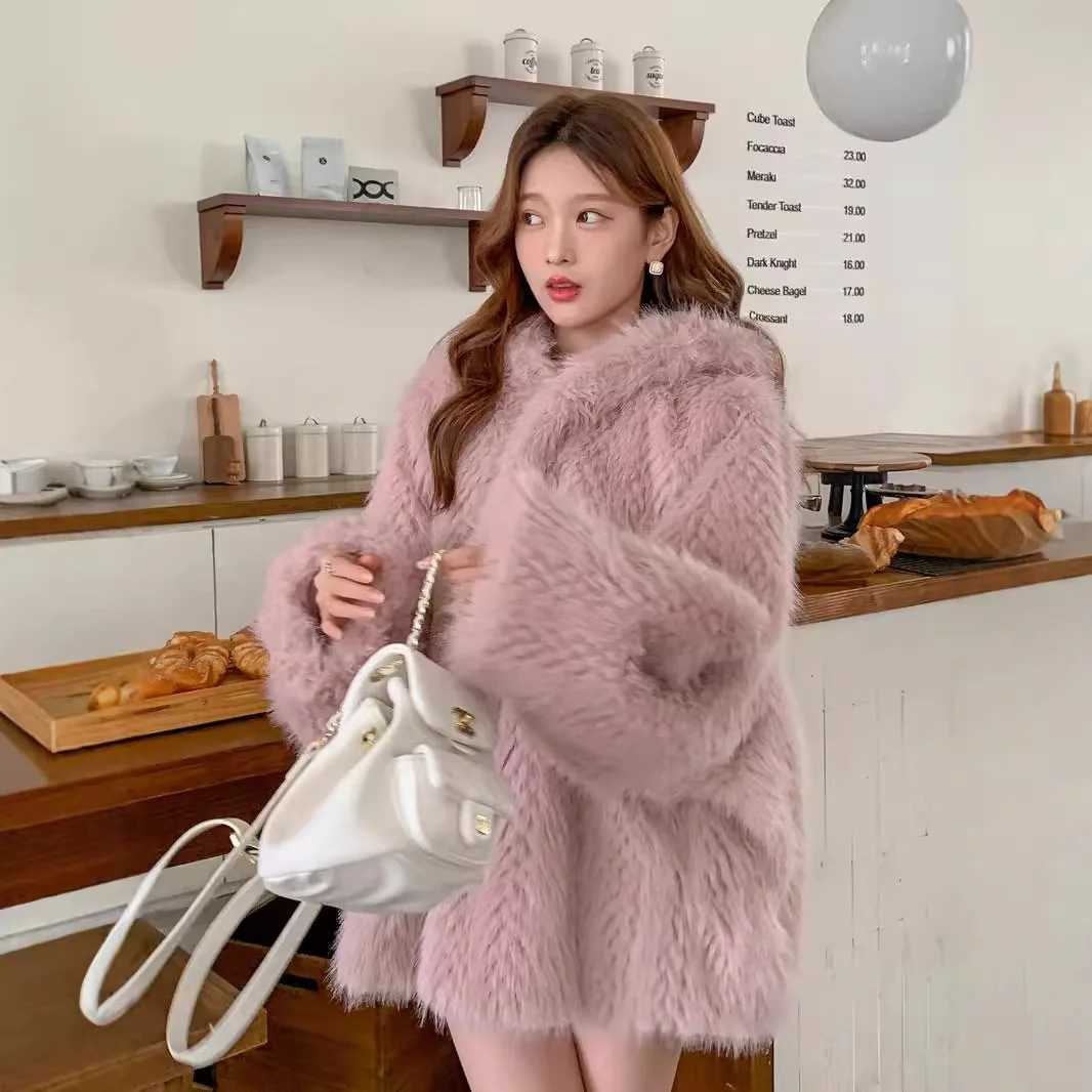 2025 Winter Women Loose Artificial Fur Jacket Plush Fur Trim Hooded Mink Fur Coat For Female Minimalist Lady Eco Fur OutwearT251201