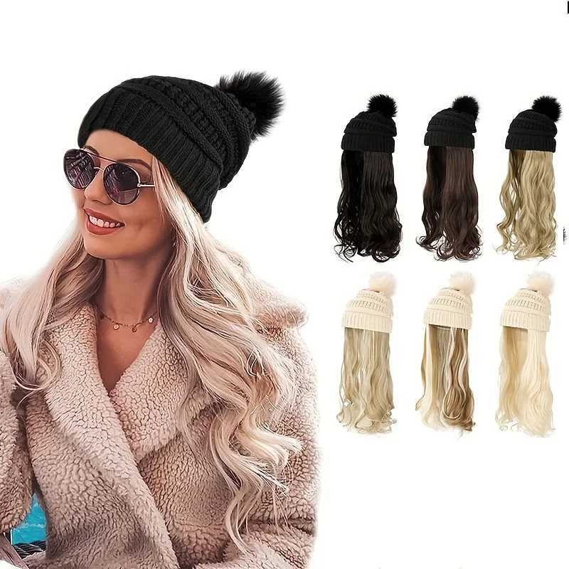 20inch Long Water Wavy Synthetic Hairpiece Beanie Hat - Woven Wigs with Knit Pom Cap and Warm Winter Design - Soft Detachable S251129
