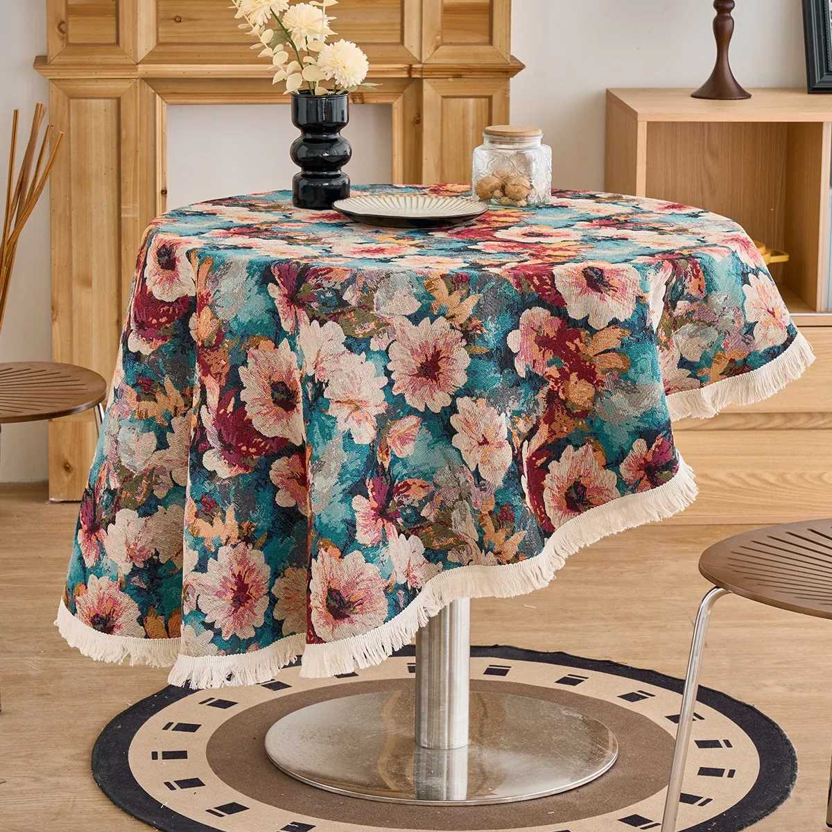 1pc Vintage Oil Painting Floral Round Tassel Jacquard Tablecloth with Tassel Edge Design Suitable for Side Cabinet Y251201
