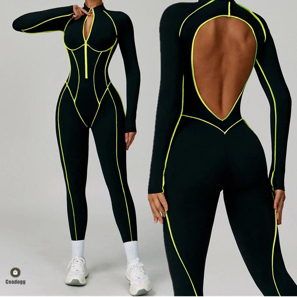 Pad Zipper Yoga Set Sports Fitness Hollow Back Skinny Women One-Piece Jumpsuits Workout Legging Clothing Gym Bodysuit XP83 251201