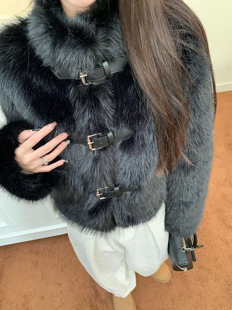 Korean Fashion Black Elegant Belt Button Fall Autumn Winter Warm Furry Coat Imitation Mink Velvet High Street OutwearT251201