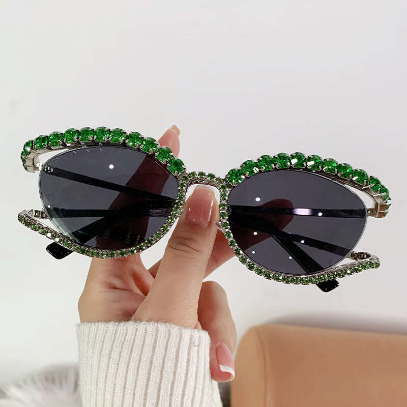 Foreign Trade Cross-Border Cat Eye Shaped European and American Street Style Glasses Internet Celebrity Model Personality Color Diamond Sunglasses for