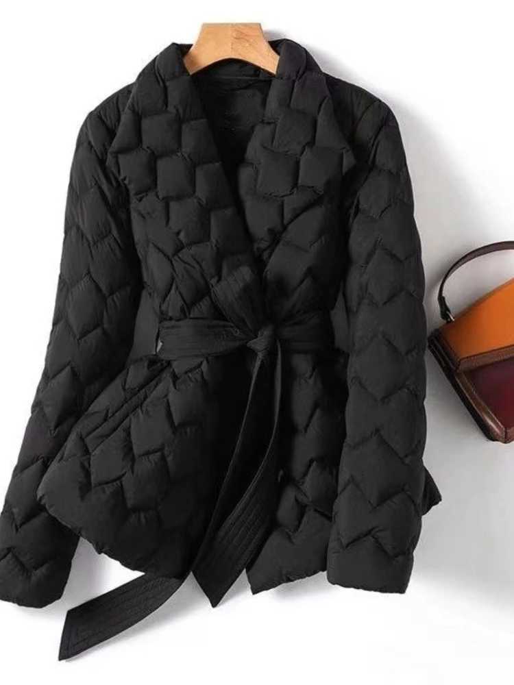 New in Winter Womens Coat Elegant Water Ripple Quilted Lightweight Down Cotton Jacket with Lapel Waist Cinched Commuting TopT251201